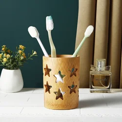 Eco-Friendly Bamboo Toothbrush Holder with Air Circulation for Bathroom and Office Decor (Stars)