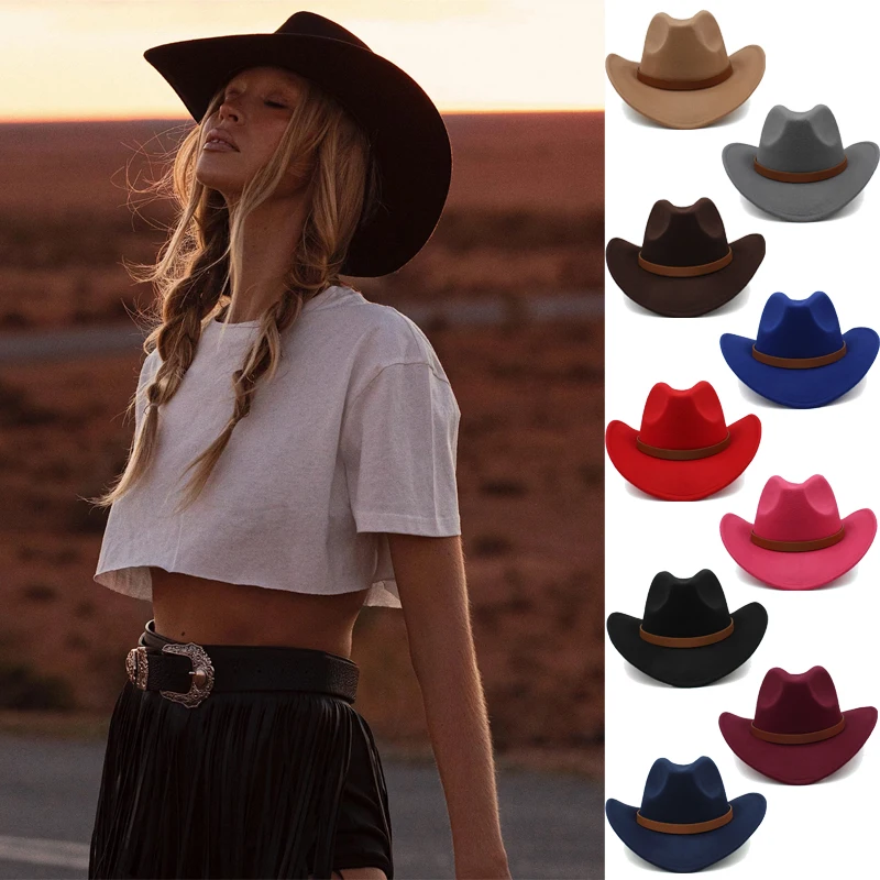 

3 Sizes Parent-child Men Women Kids Children Woolen Western Cowboy Hat Wide Brim Sunhat Party Travel Outdoor Cap Classical Retro