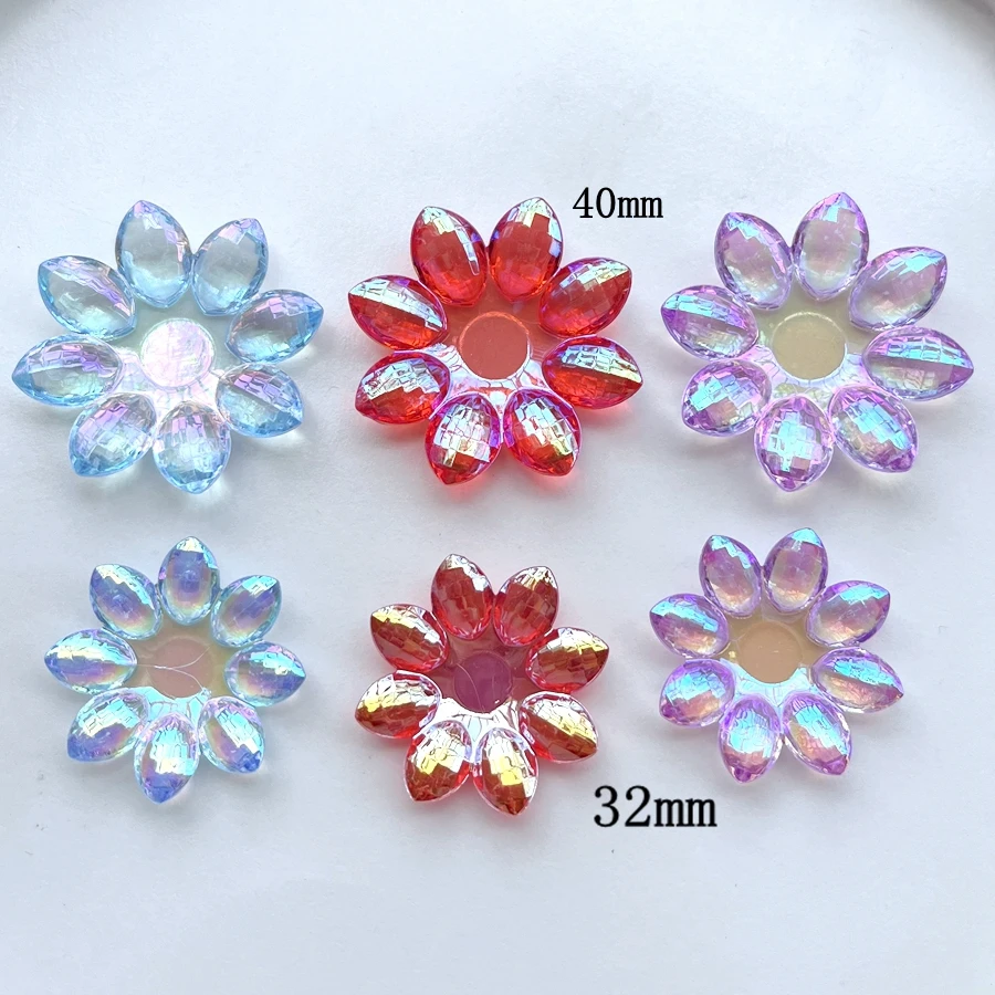 반짝이는 AB 컬러 꽃 아크릴 크리스탈 라인석, DIY 보석 장식, 핸드 데코 라인석, 로트당 8 개, 32mm, 40mm