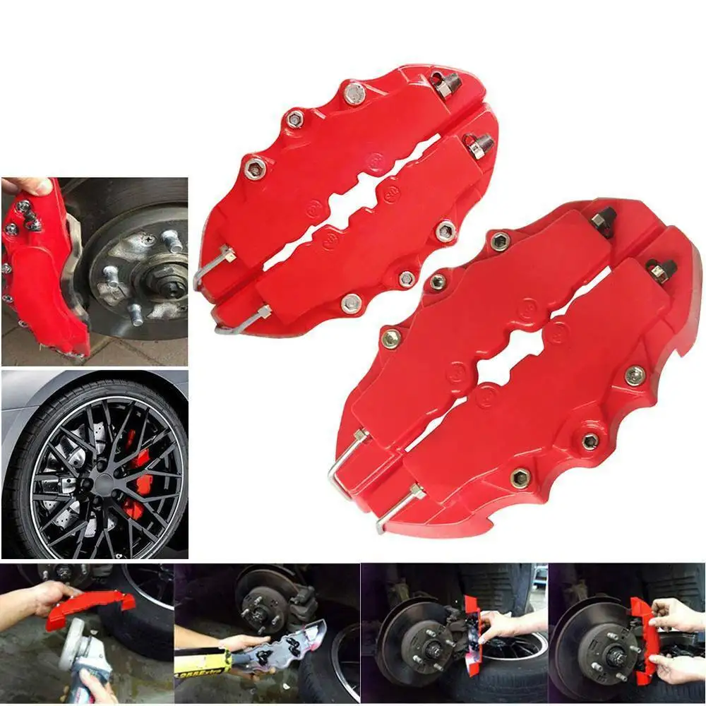 4Pcs 3D Car Disc Brake Caliper Covers Front & Rear Kit Red Plastic Car Caliper Cover Decoration Auto Brake Cover