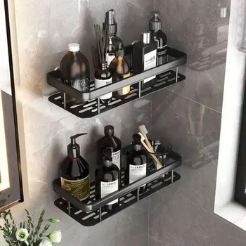 Portaoggetti da bagno in plastica Cosmetici Shampoo Gel doccia Portaoggetti Scaffale nero senza punzonatura Accessori da bagno Portaoggetti da parete triangolare 1
