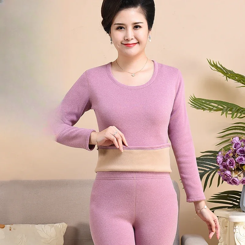 Winter Women New 2 Piece Sets Female Semi-High Neck Thermal Underwear Tops Ladies De Velvet Fall Pants Thick Suits H691