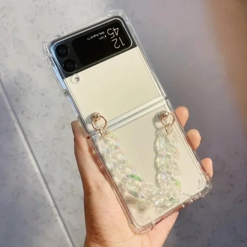 Luxury Bling Crystal Pearl Butterfly Heart Star Bracciale Chain Case Capa Per Samsung Galaxyz Flip1 2 Z Flip5 4 3 5G Cover Per Telefono