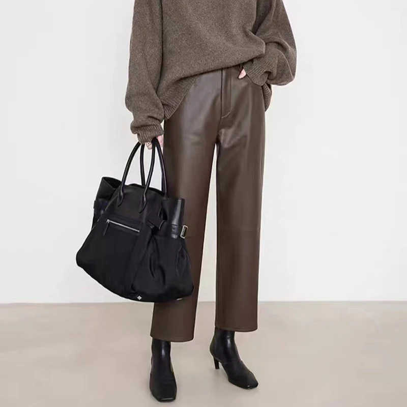 100% Leather Pants Women Autumn Winter Fashion Sheepskin High Waist  Slim French Baguette Pants Casual Straight Cropped Trousers 2