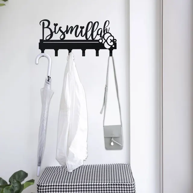 Porte-clés en métal Bismillah, porte-clés mural décoratif noir, support organisateur de crochets pour clés pour décoration murale d'entrée 1 pièce 6