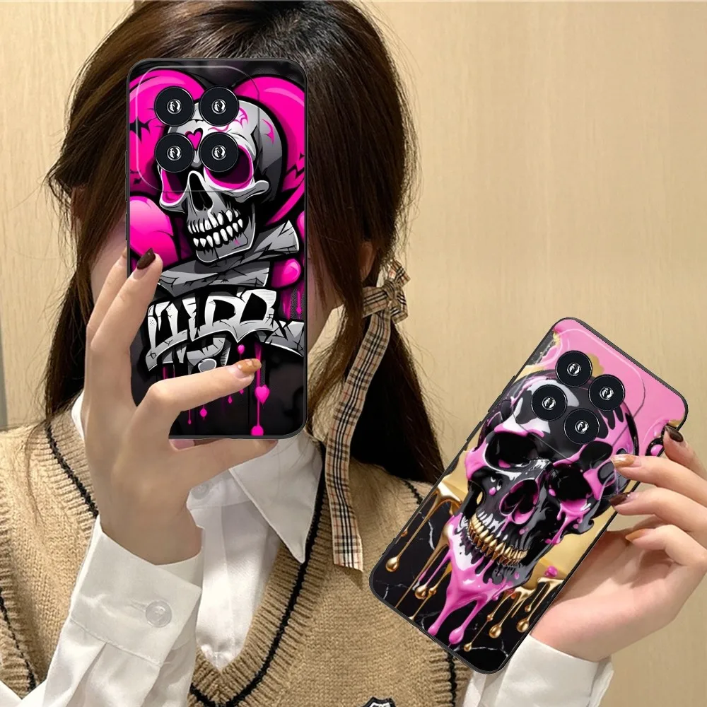 Cool Pink Skull Mobile Cell Phone Case For Xiaomi 14 13 12 11 10 9 T Ultra Lite Pro S Se X 5G Black Soft Phone Cover Funda