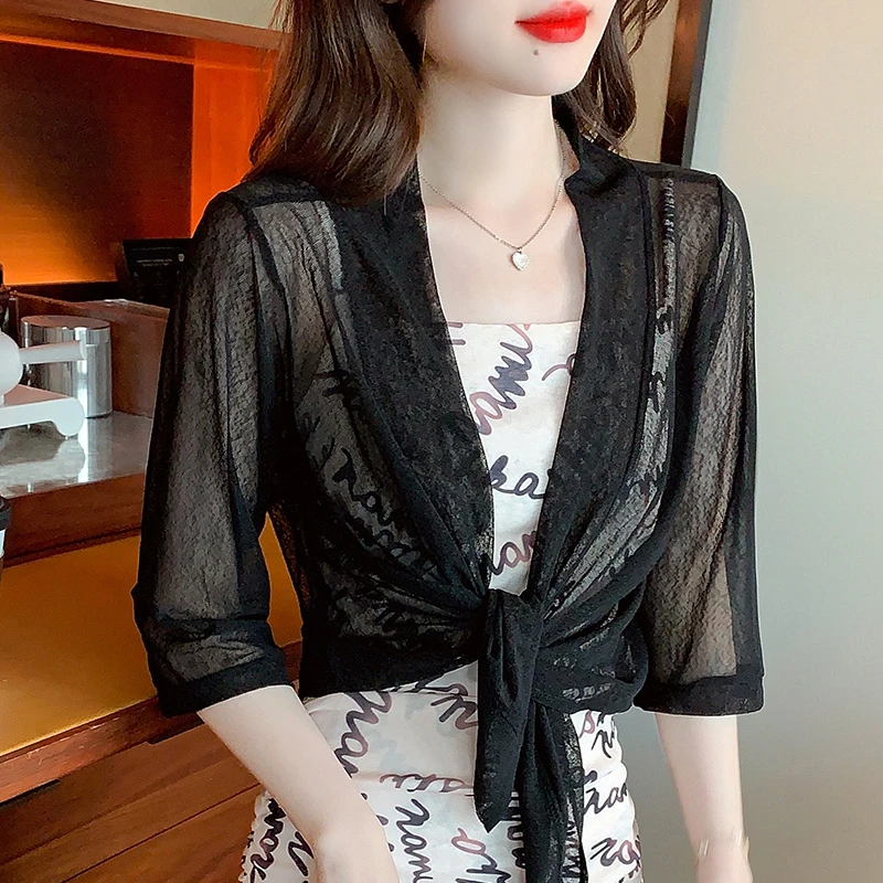 Solid Color Summer Female Net Yarn Cardigans Half Sleeve Irregular Lady Mesh Coat Shawl Short Design Woman Shirts Blouses Sweet 63cm cotton linen bandanas women square scarf wrap flower print kerchief neck scarfs lady hair band foulard female hijab shawl