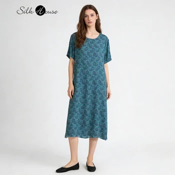 Plus Size Summer New Retro Small Floral 100% Natural Mulberry Silk Double Layer Georgette Women's Round Neck Short Sleeve Dress
