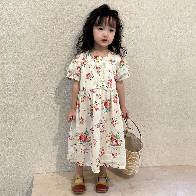 

5144B Korean Girl's Dress Floral Clothes Summer 2023 New Bubble Short Sleeve Cotton Princess Skirt Fashion Dress