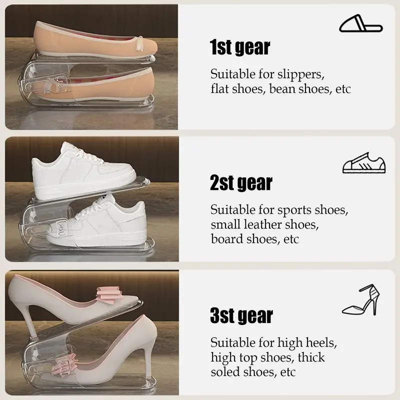 Adjustable Shoe Stacker 2pcs Adjustable Double Layer Stack Shoe Holder Transparent Thickening Stackable 3 Different Height Space 5