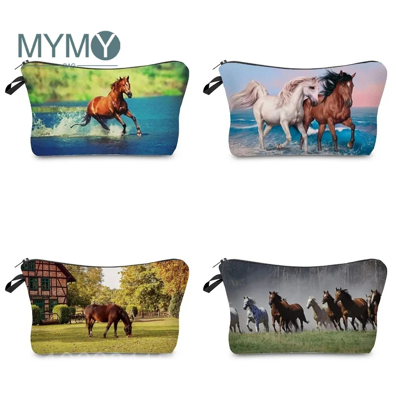 

Horse Print Makeup Bags For Women Animal Casual Girl Cosmetic Cases Mini Travel Eco Reusable Toiletry Bag Student Pencil Box