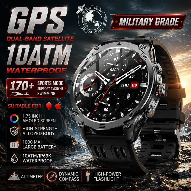 Montre connectée GPS de qualité militaire pour hommes, batterie 1000mAh, boussole, appel Bluetooth HD, étanche, fréquence cardiaque, montre de sport et de fitness 1