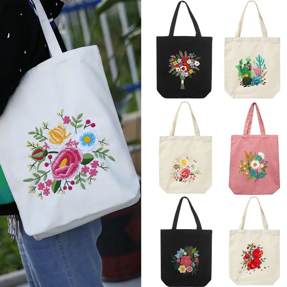 DIY Flower Pattern Canvas Carrying Bag Cross Stitch Cloth Threads Tools Embroidery Kit Sewing Needlepoint Kits