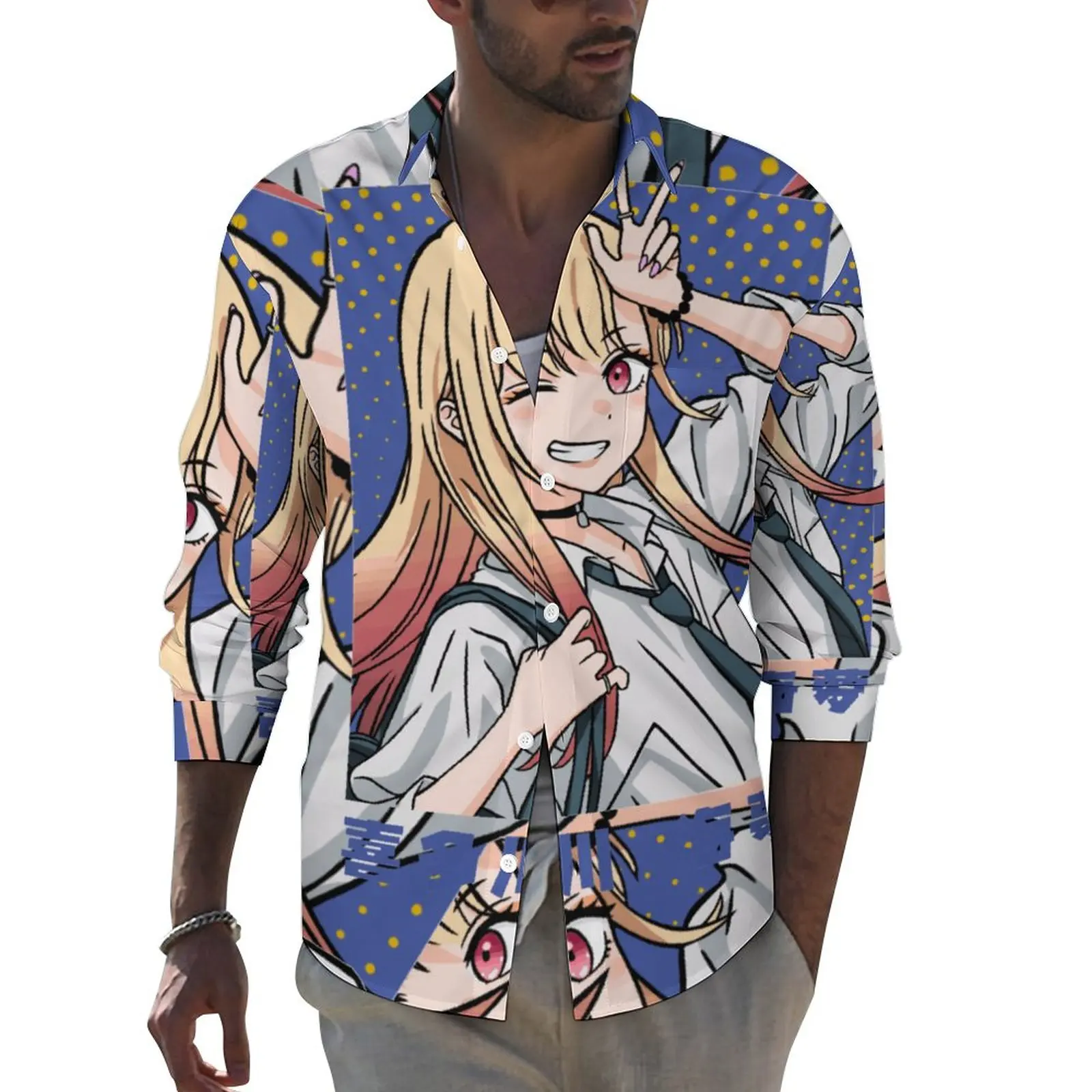 

Marin Kitagawa Shirt Men Cute Eyes Aesthetic Anime Casual Shirts Autumn Street Style Blouses Long Sleeve Trendy Oversized Top