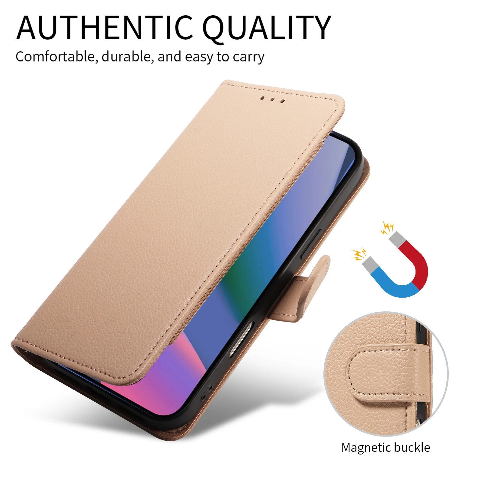 Lychee Pattern Faux Leather Flip Cover with Card Slot and Anti-Fall Protection