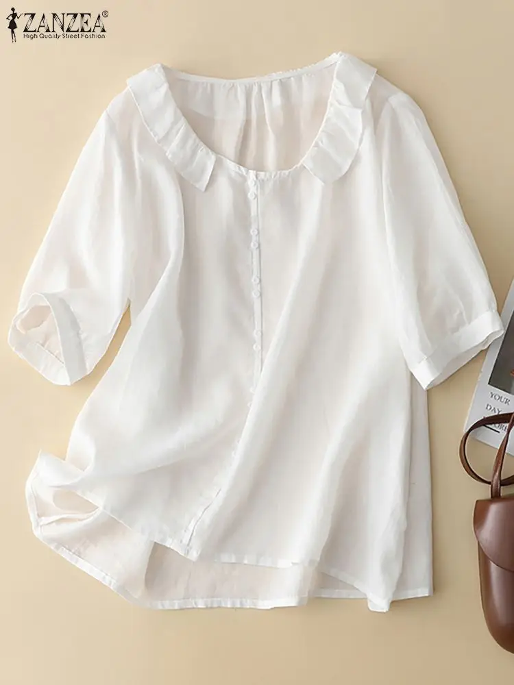 

ZANZEA Woman Fashion Half Sleeve Blusas Summer O Neck Ruffles Tops Female Casual Loose Blouse Elegant Cotton Shirt Oversized