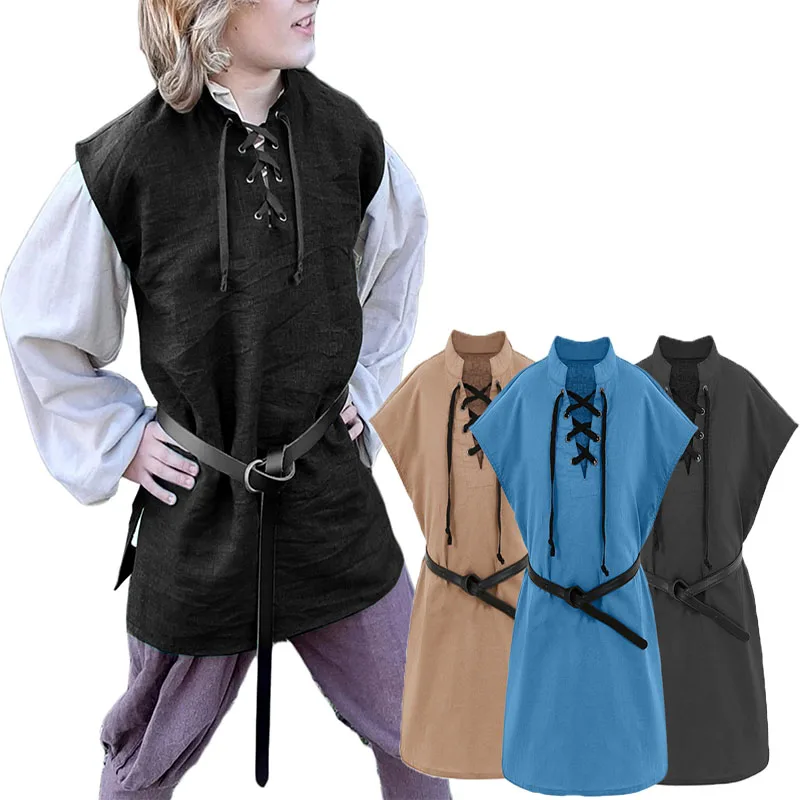 

Children Medieval Renaissance Grooms Pirate Tunic Top Larp Costume Lace Up Shirt Middle Age Viking Cosplay Warrior Top