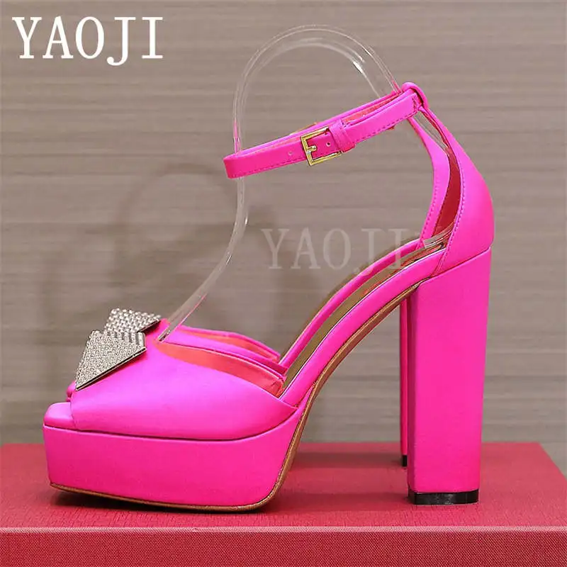 

New Chunky Heels Sandals Women Satin Silk Crystal Ankle Strap Runway Shoes Summer Platform Sandals Super High Heel Sandals Woman