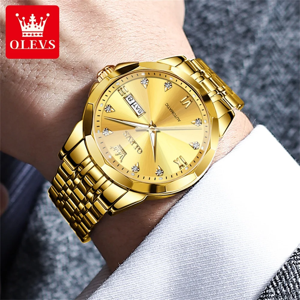 OLEVS 9982 Automatic Watch Rhombus Mirror Mechanical Couple Watches Date Stainless Steel Luxury Waterproof Luminous Wristwatch