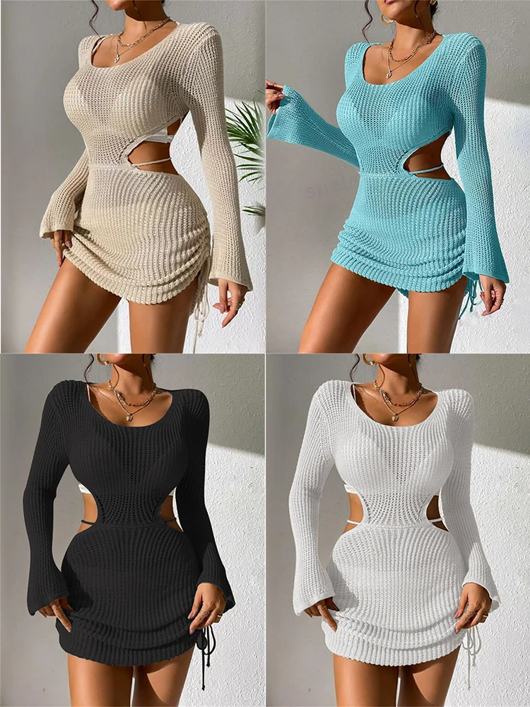SUNSIREN Sexy Cut Out Knitted Beach Dress Women Hollow Out Tassel Crochet Transparent Dresses Backless Cover Ups Beach Wear