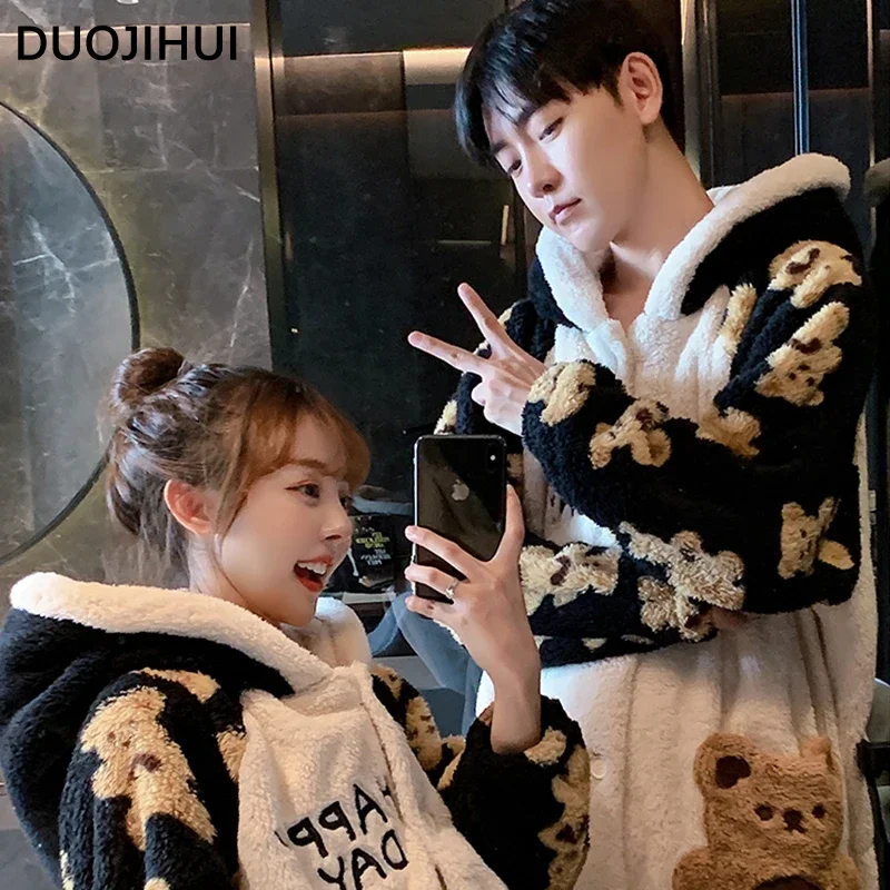 DUOJIHUI Winter Hooded Thick Warm Cute Pajamas for Women Fashion Printing Couple Clothes Loose Casual Simple Female Pajamas Set
