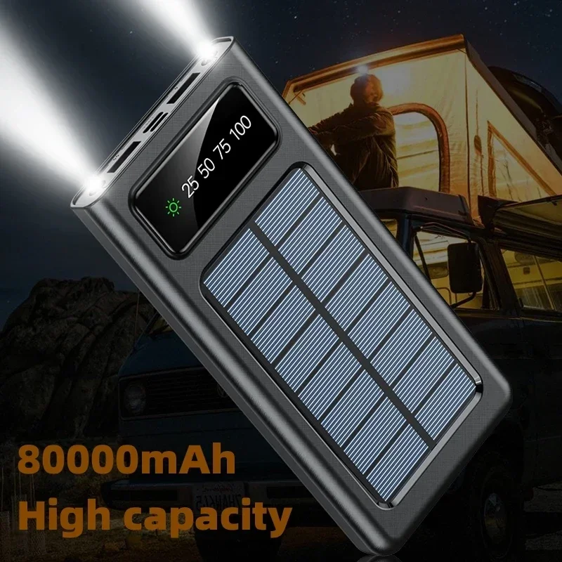 Solar Charging Power Bank, 200000mAh, capacidade ultra-grande, vem com quatro fios, adequado para Samsung, Apple, Huawei