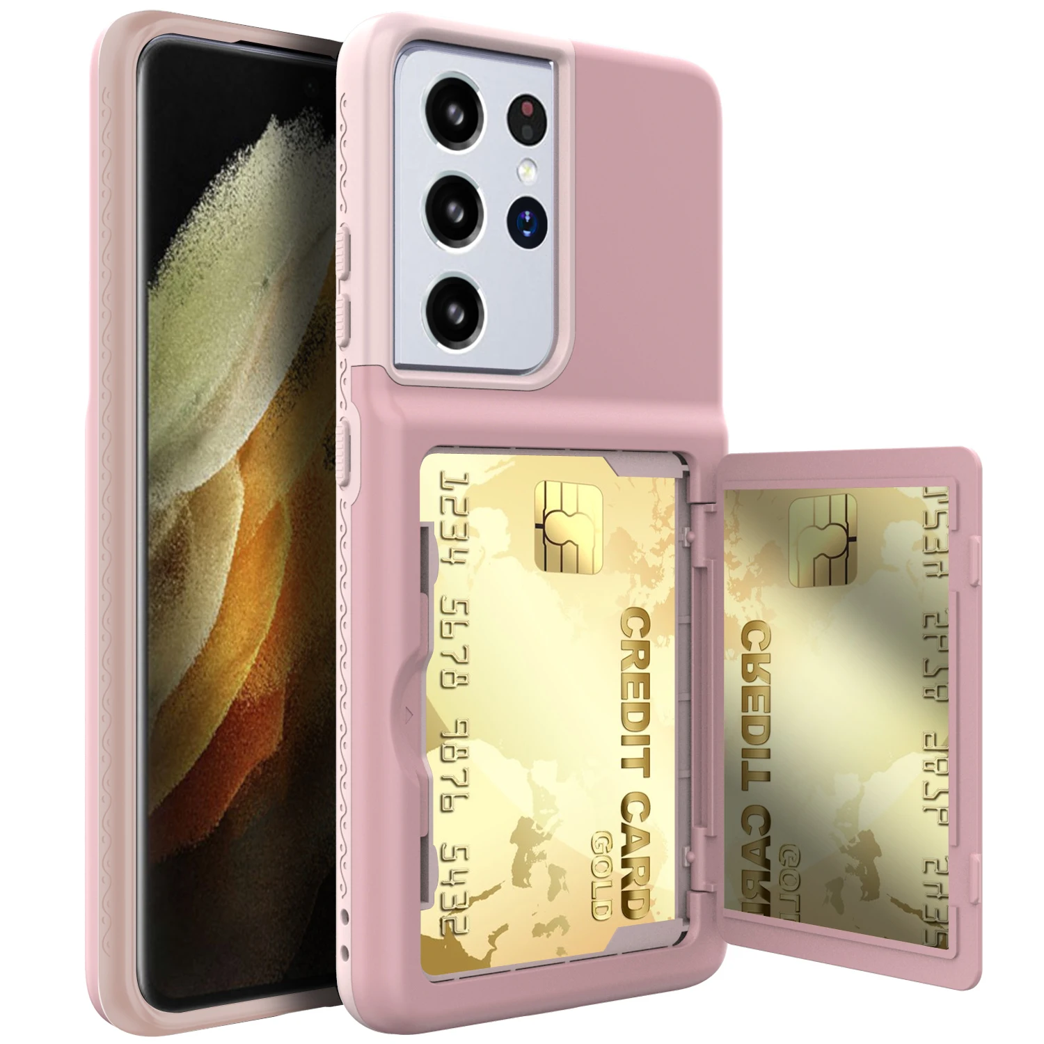 

Shockproof Hybrid Dual Layer Mirror Makeup Phone Cover, Hidden Card Holder Case for Samsung Galaxy S21 Ultra, Drop Protection