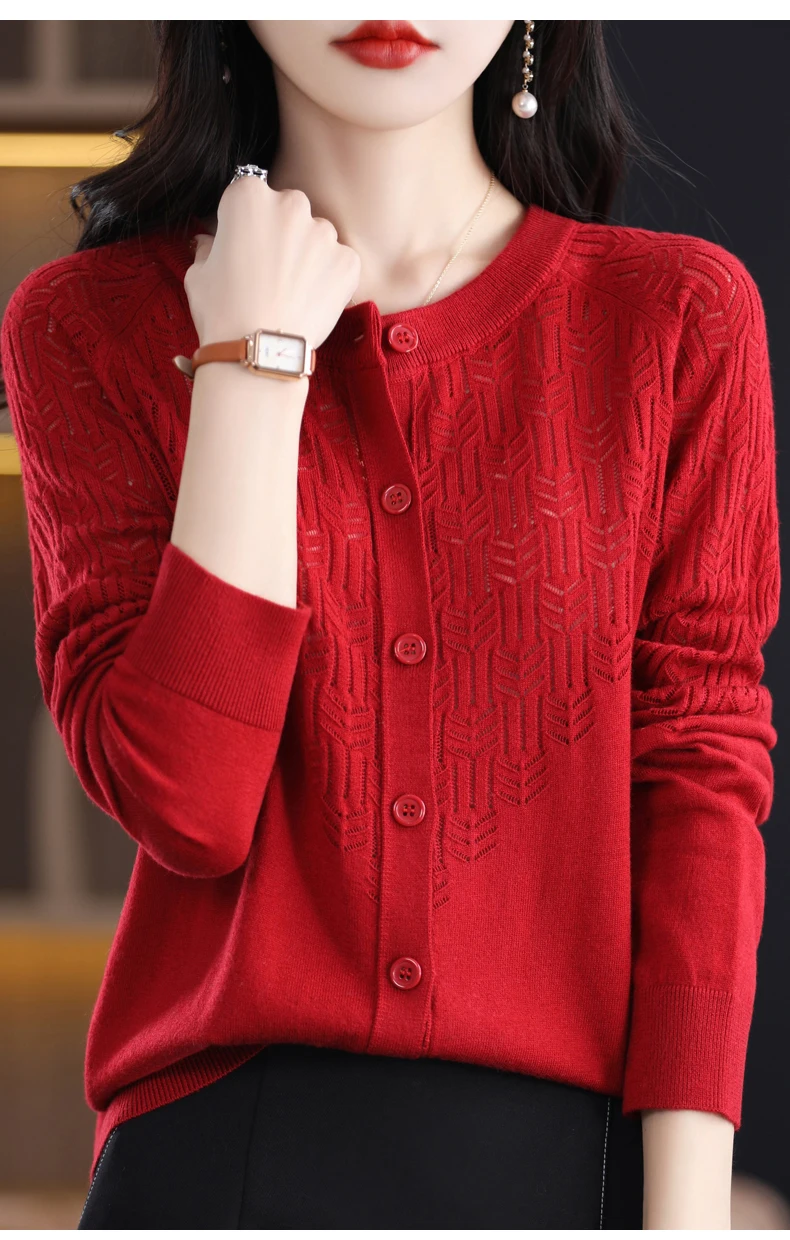 Spring Autumn Women Wool Blend Sweater O-neck Hollow Out Cardigan New Fashion Casual Knitted Slim Soft Jacket Bottoming Tops