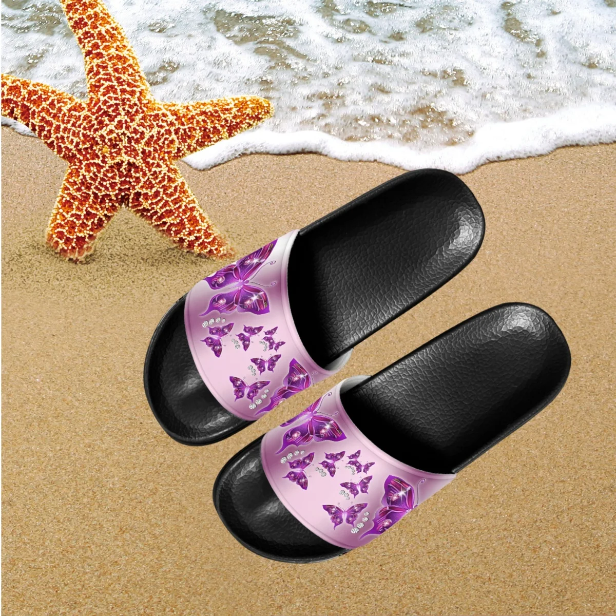 

Сланцы женские домашние дышащие, летние шлепанцы для душа, плоская подошва, с принтом бабочки, фиолетовые