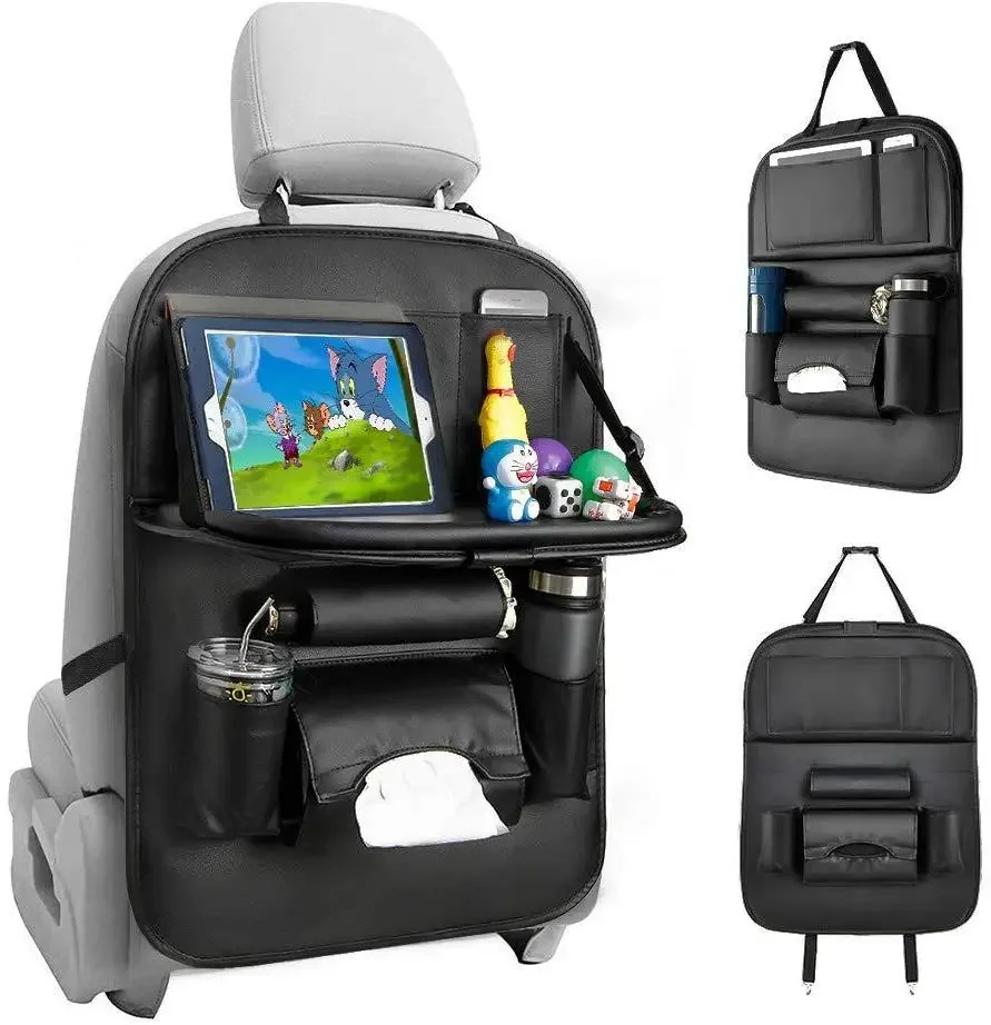 Luxury Leather Car Seat Organizer with Foldable Tray and Storage Pockets