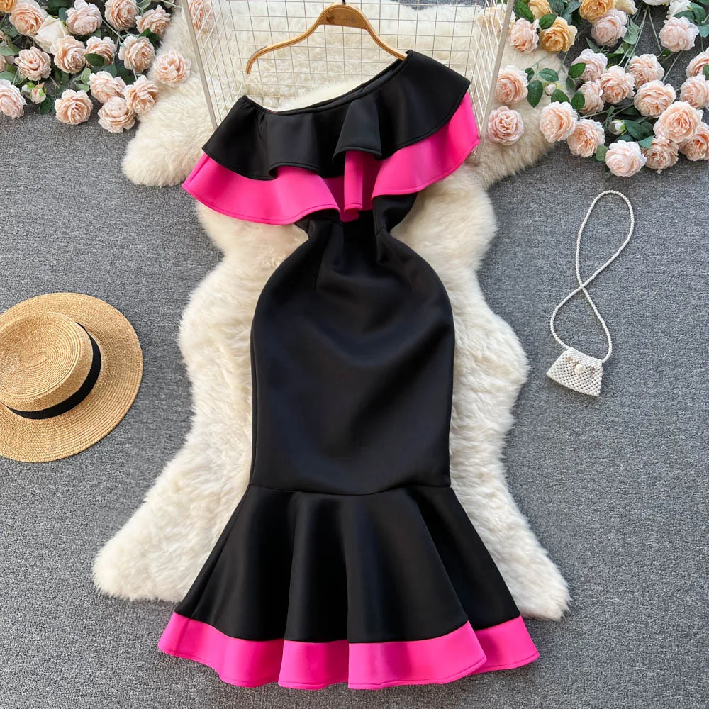 

Elegant Chic Diagonal Collar Dress French Off Shoulder Evening Party Vestidos Women Party Ceremonial Trumpet Dress
