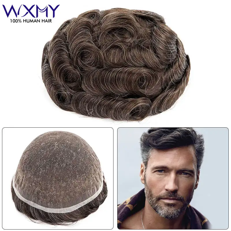 Parrucca da uomo in pizzo svizzero, protesi capillare maschile, base in pizzo completo, parrucche in capelli umani per uomo, sistema di parrucche da uomo con linea naturale dei capelli