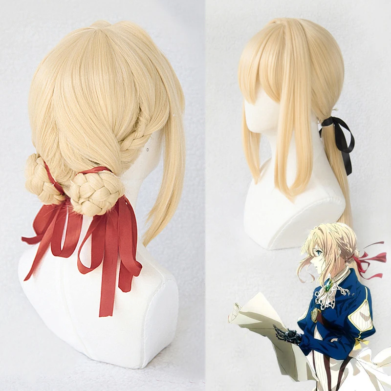 

Violet Evergarden Women Cosplay Ponytail Personality Bun Blonde Hair Heat Resistant Cosplay Costume Wig + Wig Cap + Ribbon