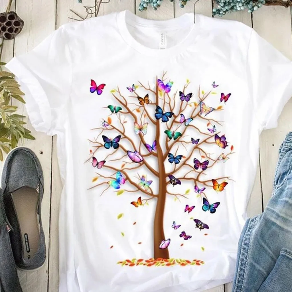 Camiseta Harajuku con estampado de árbol y mariposa para mujer, Top de cuello redondo, manga corta, camiseta informal de verano
