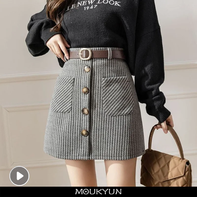 

MOUKYUN Striped Autumn Winter Skirts Womens Mini Slim Belt A-line Skirts Chic Korean Fashion Button Pocket Women Skirt