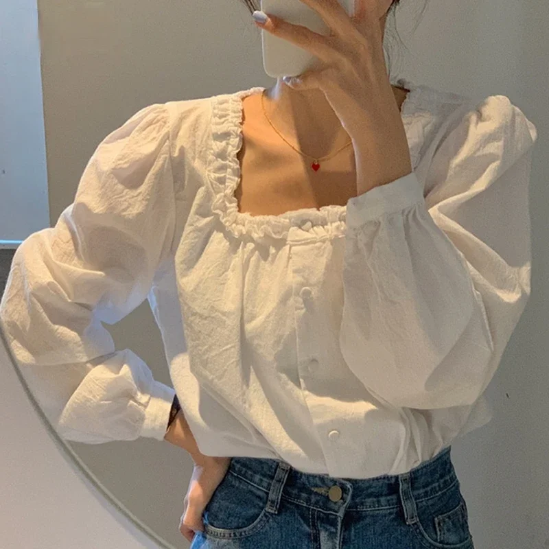 

Sweet Girl Spring Cute White Long-sleeved Korean Style Temperament Solid Color Loose Square Collar T-shirt