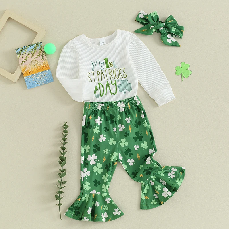 

My First St Patricks Day Baby Girl Outfit Newborn Clover Long Sleeve Romper Bell Bottoms Pants Clothes