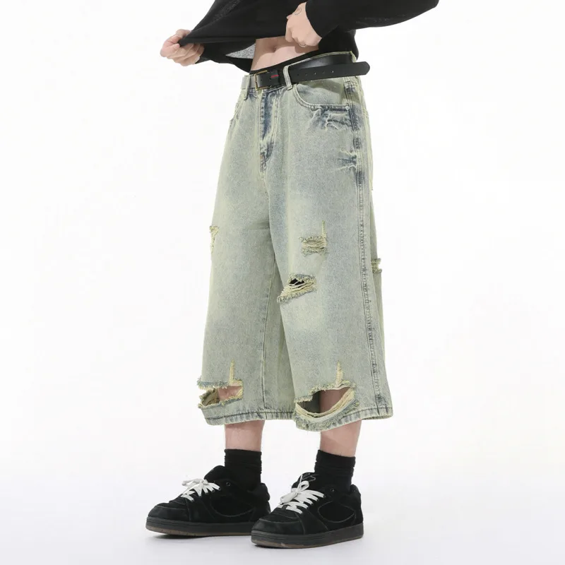 Men's summer new high street fashion trend light colored vintage vintage irregular hole wide leg denim cropped pants M7-D-N857