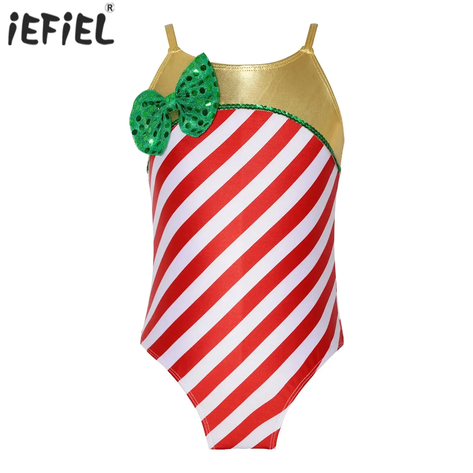 Kids Girls Candy Cane Stripes Elf Christmas Costume Xmas Metallic Dance Ginnastica Santa Body Biketard Tuta