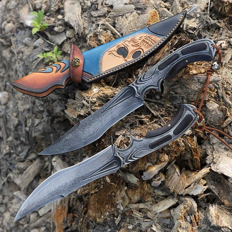 FIXED BLADE JAPANESE VG10 DAMASCUS STEEL HUNTING KNIFE TACTICAL