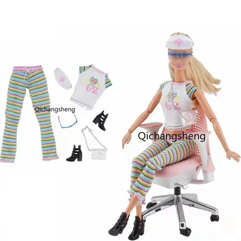 Fashion Nurse Outfits Set For Barbie Doll Clothes Hat Glasses Shirt Pants Shoes Bag 1/6 BJD Dollhouse Accessories Kids Toys Gift