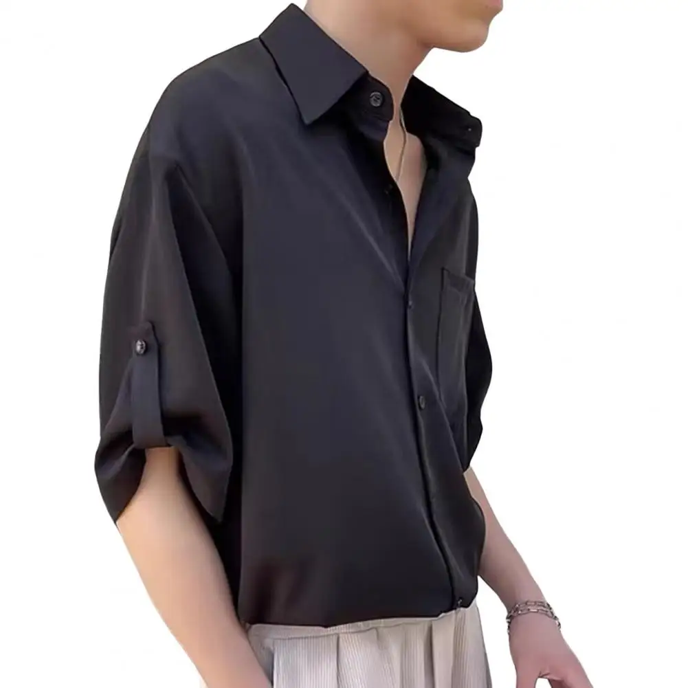 

Solid Color Men Casual Top Stylish Men's Summer Shirt with Lapel Collar Cufflink Detailing Breathable for Casual for A