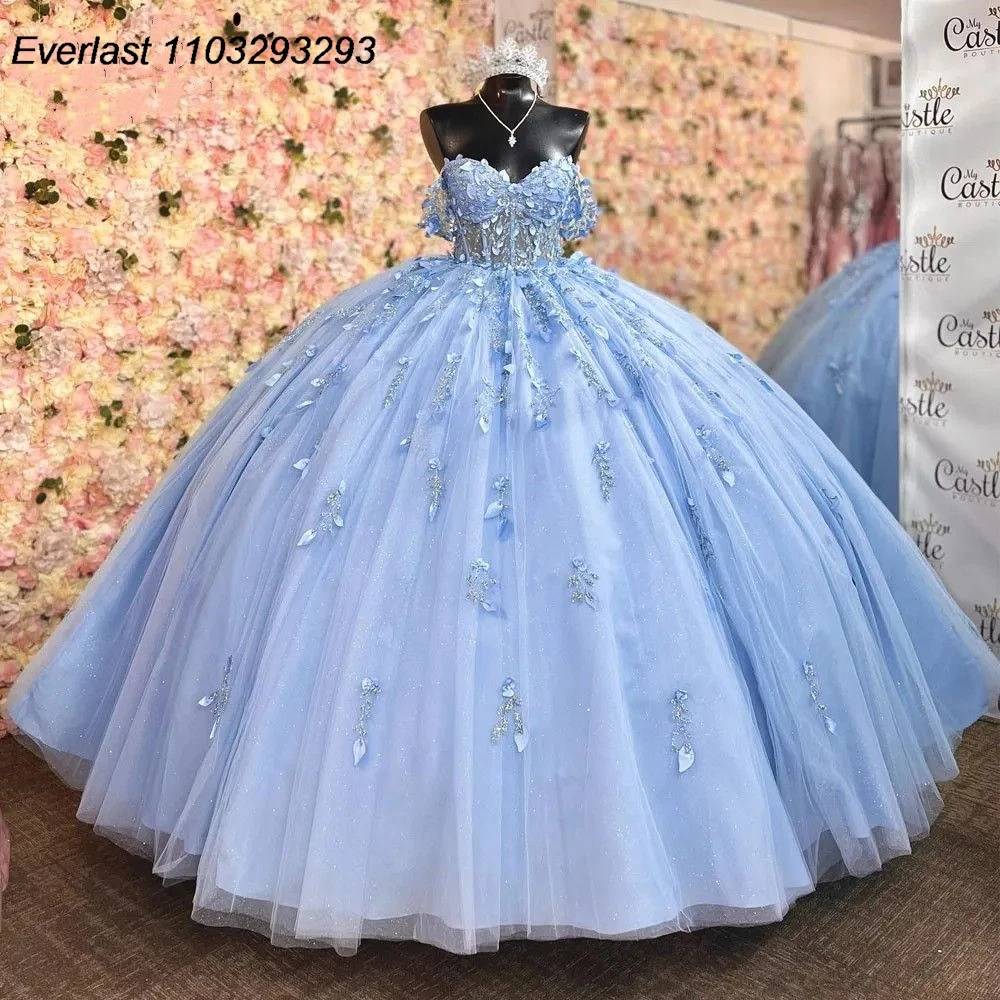 EVLAST Blue Quinceanera Dress Ball Gown Floral Applique Beaded Off Shoulder Sweet 16 Dress Vestido 15 De A&ntilde;os TQD258