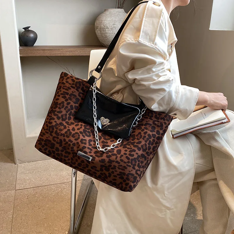 Fashion Leopards Pattern Women Shoulder Bag PU Canvas Casual Shopping Shoppers Bag Large Capacity Ladies Handbags Travel Totes