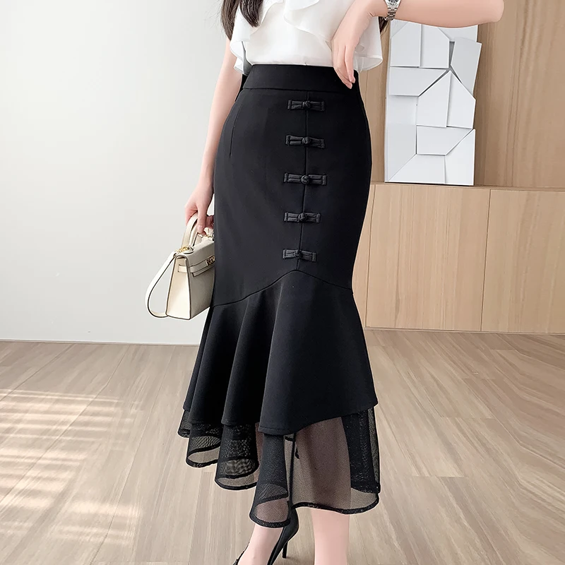 

Korean Style Fashion High Waist Trumpet / Mermaid Long Skirt Women Spring Summer Mesh Oversize Casual Black Skirt