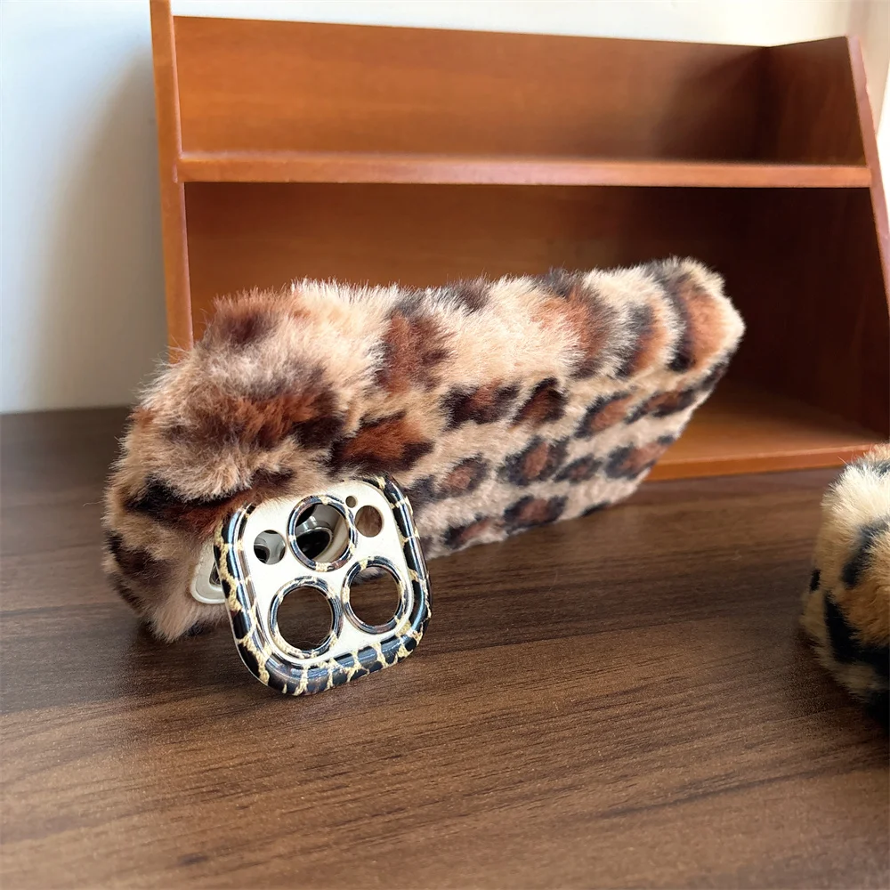 Chic Leopard Fluffy Fur Case with Kickstand and Camera Protection Frame