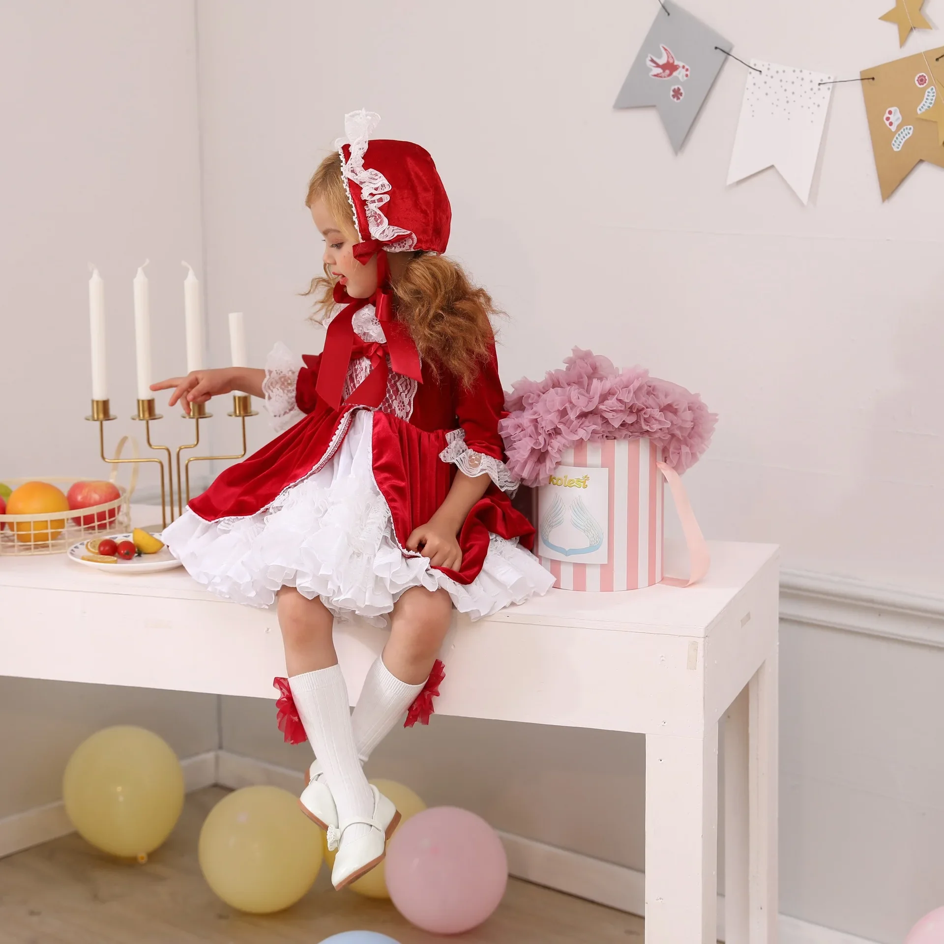 4pcs/set Red Velvet Autumn Winter Girl Vintage Spanish Dress Pompom Ball Princess Dress Lolita Christmas Party for Girl girls dress princess costume