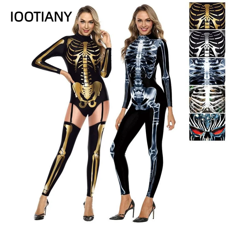 

IOOTIANY Purim Carnival Cosplay Costumes Fashion Bodysuit Skull Skeleton Print Jumpsuit Funny Women Suit Sexy Catsuit Female