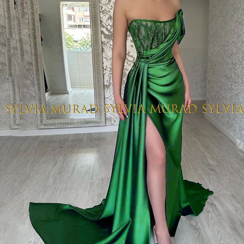 

Shiny Beaded Tassel Evening Dress Mermaid Side Split Green Satin Long Streamer Sheath Prom Dresses Formal Gown