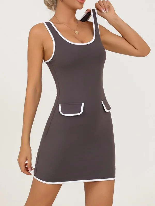 Women Tennis Golf Dress Sleeveless O Neck Black Patchwork Pocket High Elasticity Speed Dry Anti Glare Sport Fitness Tennis Skirt